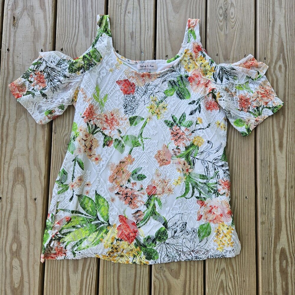 Harlow & Rose Floral Lace Cold Shoulder Top Vibrant Tropical Burnout Large